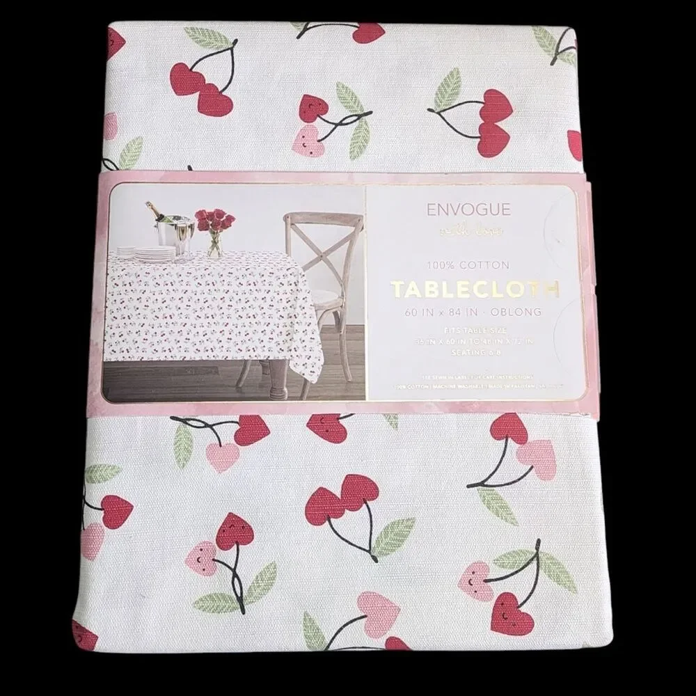 Envogue Shabby Chic Hearts‎ And Cherries Design Cotton Tablecloth 60x84in Oblong